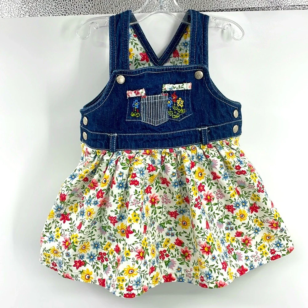 Vintage Oshkosh floral and denim 3 patch pocket overall dress Size 18M